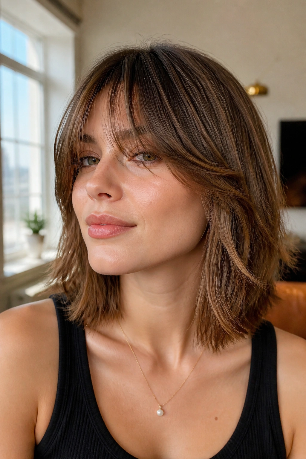 Close-up of cheekbone-layer lob with bottleneck bangs on a real person in window light