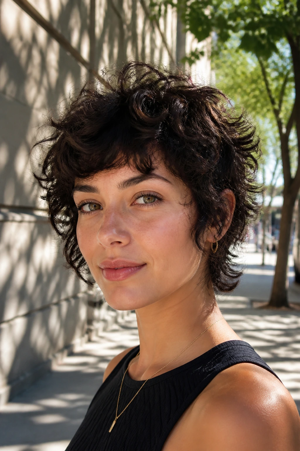 Close-up of a woman with cheekbone-layered curly shag.