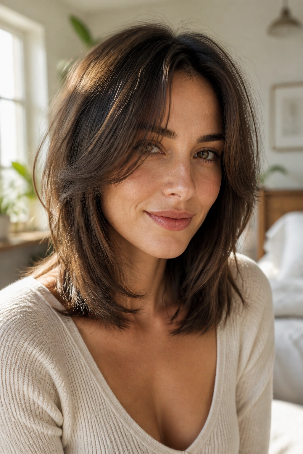 Cheekbone layers midi cut on a real woman, close-up portrait with soft face-framing layers