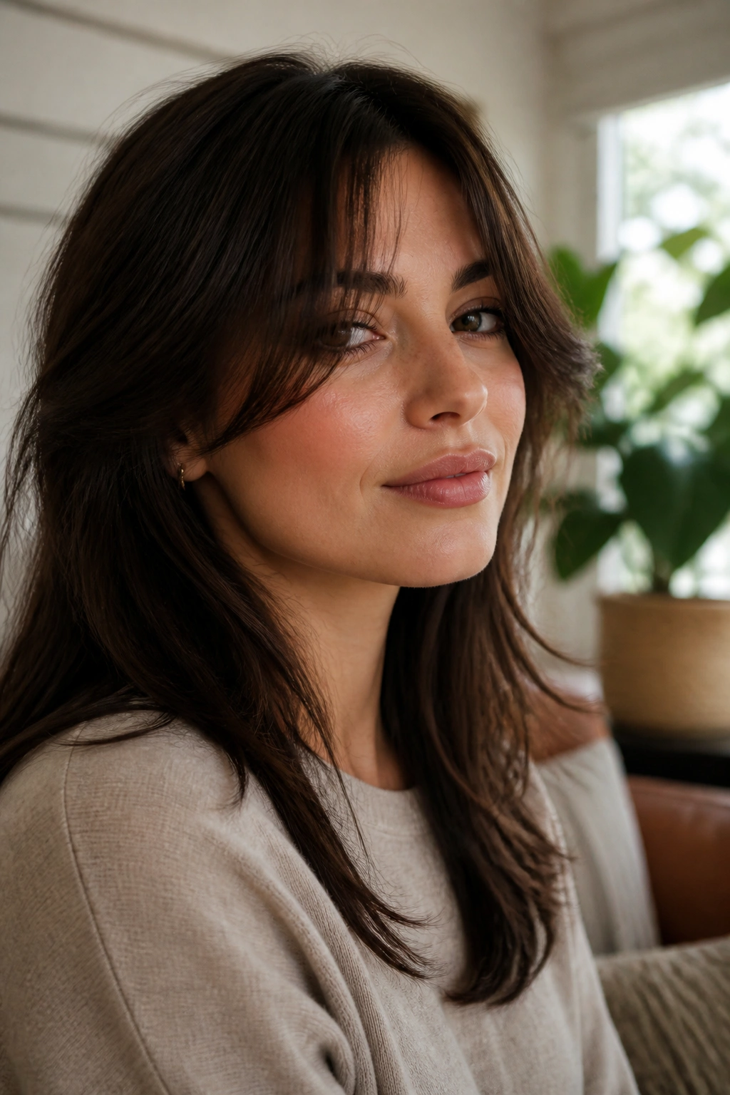 Real woman with cheekbone-length half bangs, profile-lit portrait