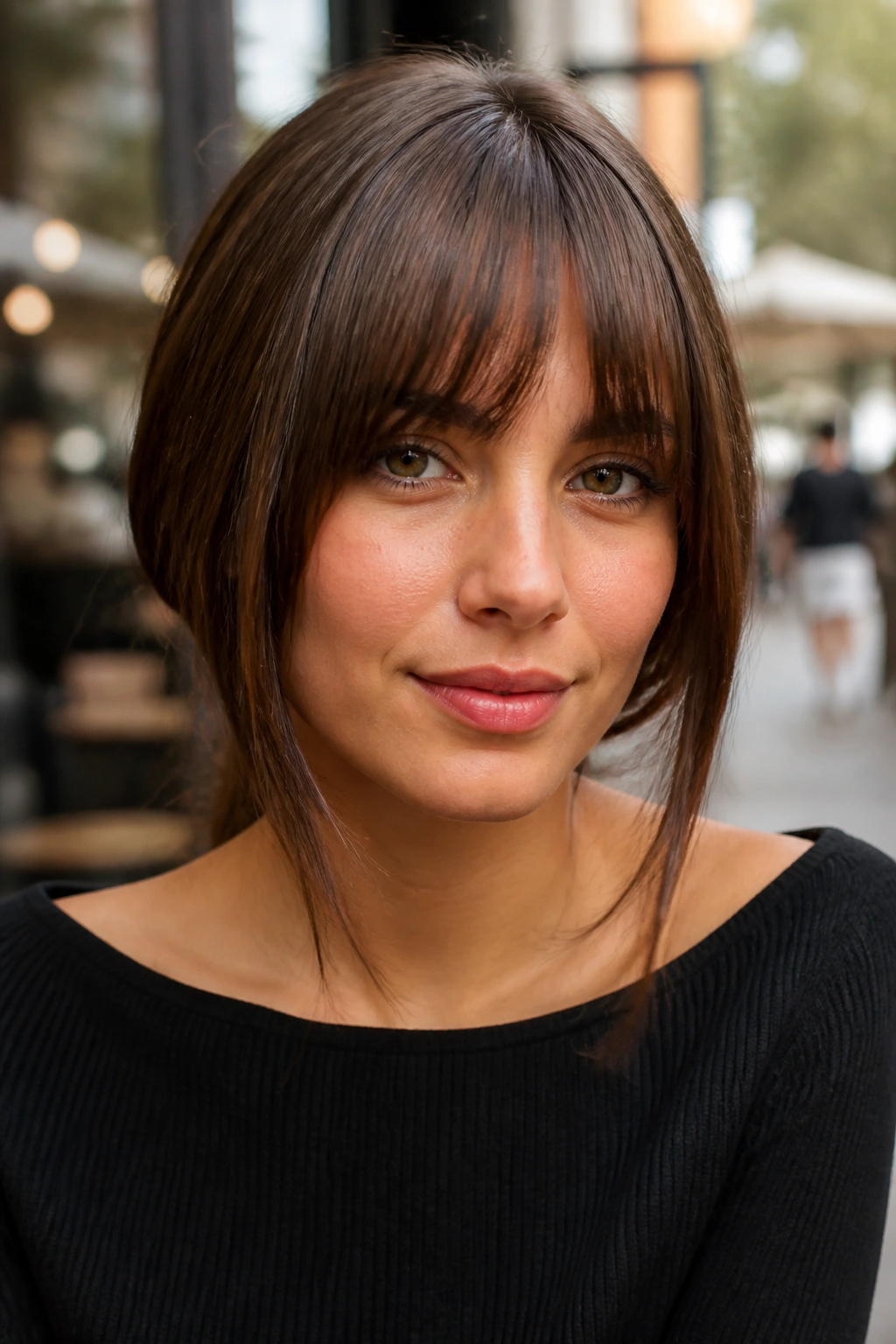 Close-up portrait of a real person with cheekbone-lengthening sides of straight bangs in daylight