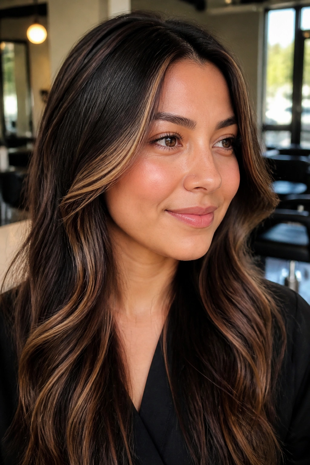 Close-up of a real woman with a slim caramel money piece framing her cheekbones in soft salon light