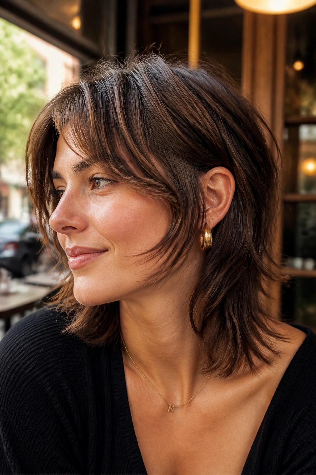Portrait of a woman with cheekbone-opening shag and tucked sides