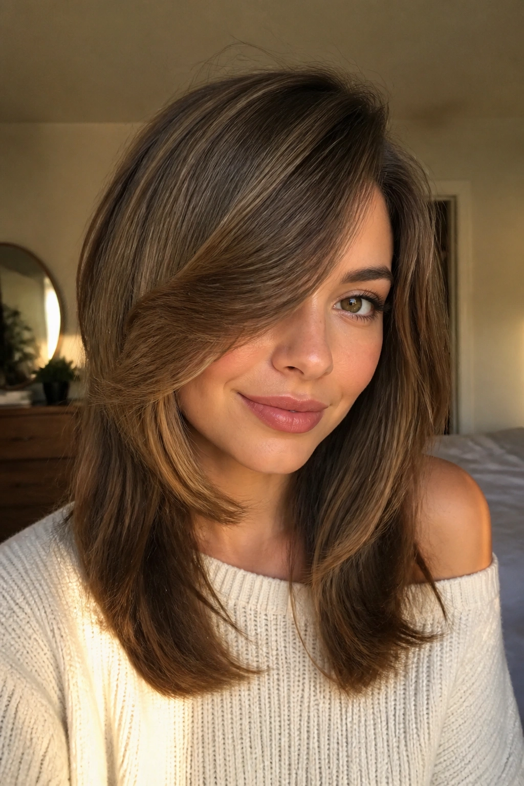 Close-up of a woman with a cheekbone-length sweep and strong bend