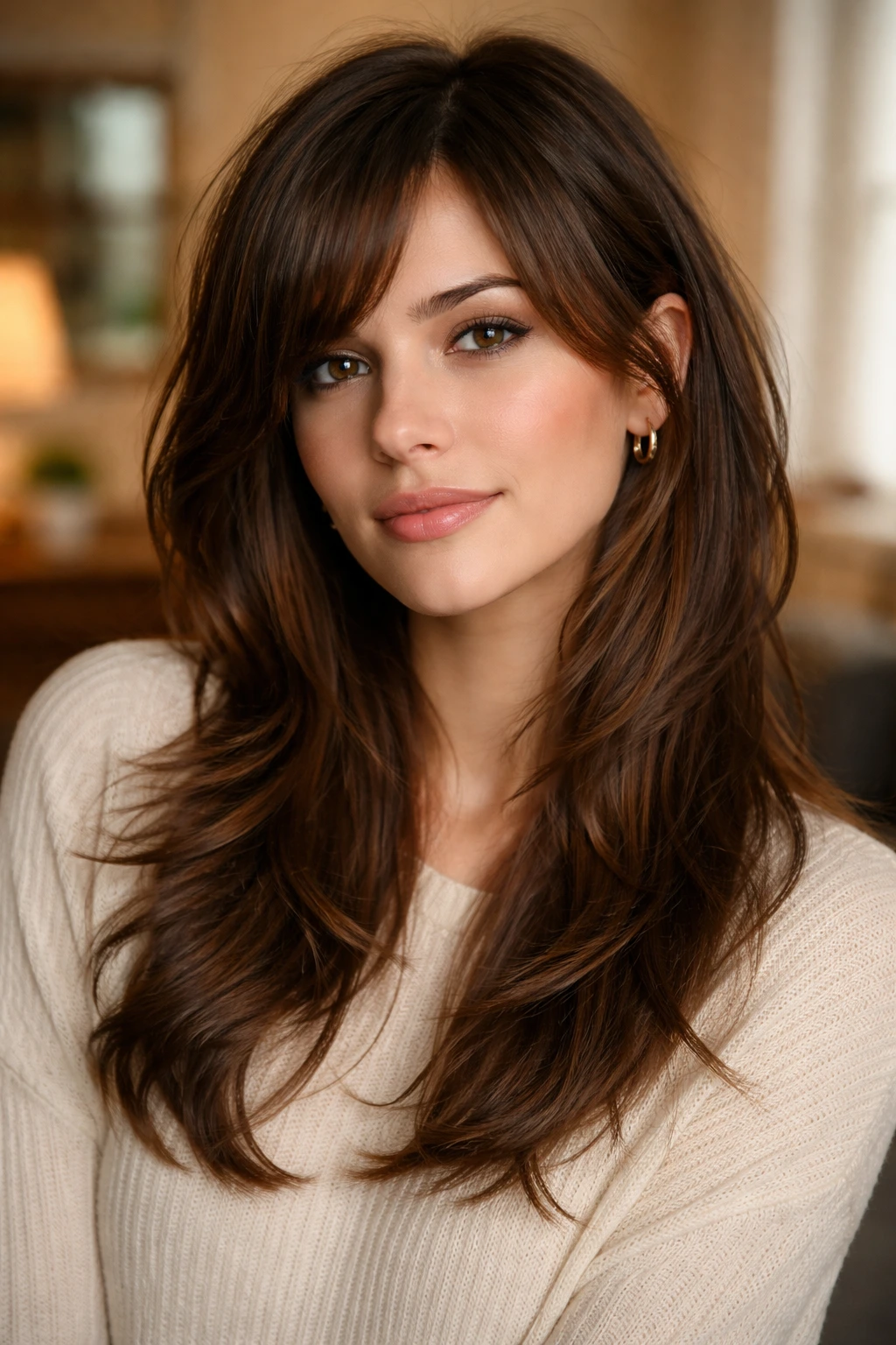 Real woman with cheekbone sweep layers in a cozy lit room.