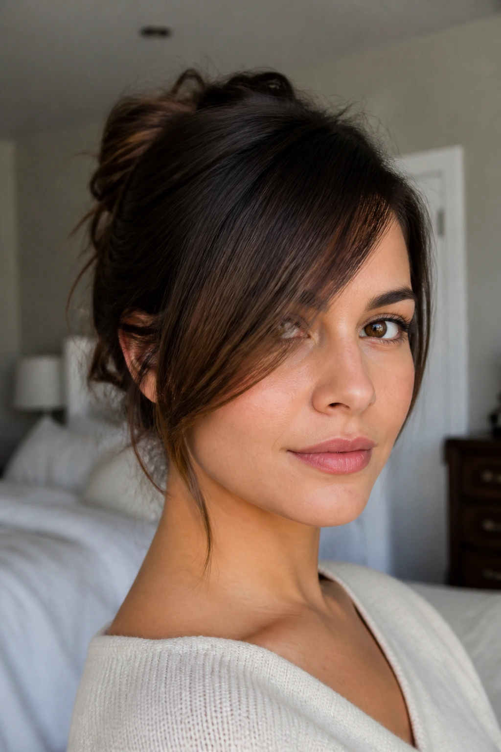 Close-up portrait of a real woman with a cheekbone-length diagonal fringe