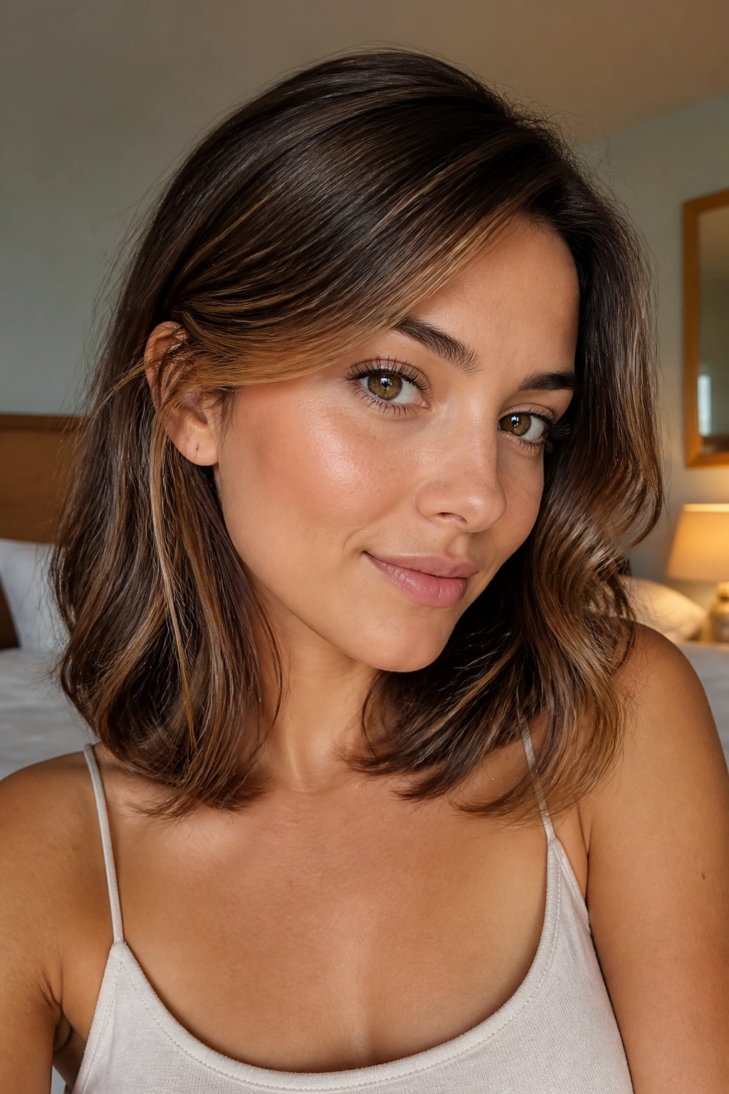 Close-up of a real woman with chestnut base and honey highlights along the cheekbones