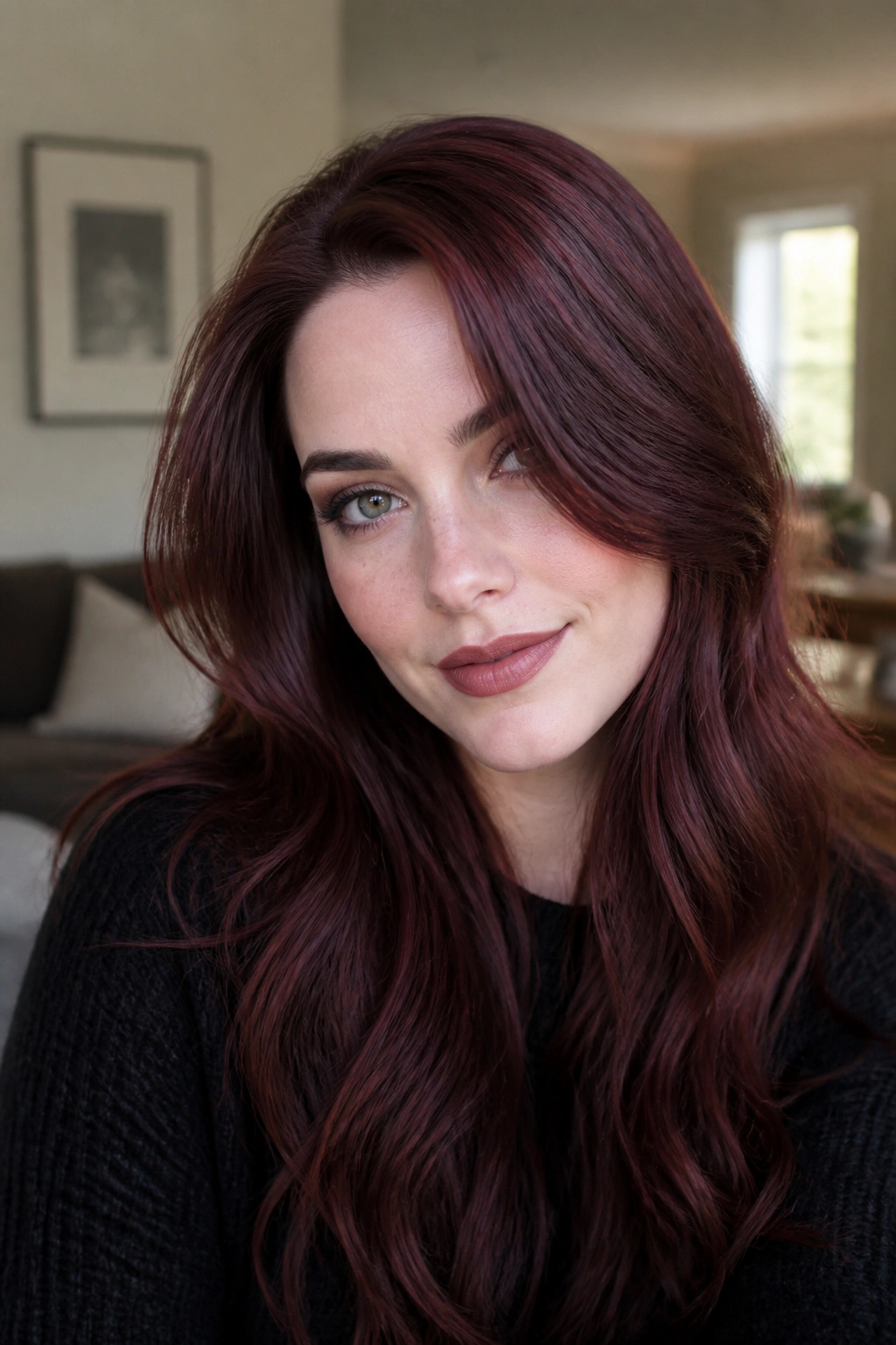 Close-up portrait of a real person with cherry auburn hair on cool skin, natural window light.