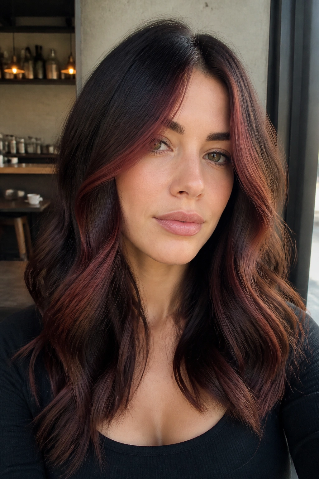Close-up of a woman with cherry auburn highlights framing the face on cool brown hair.