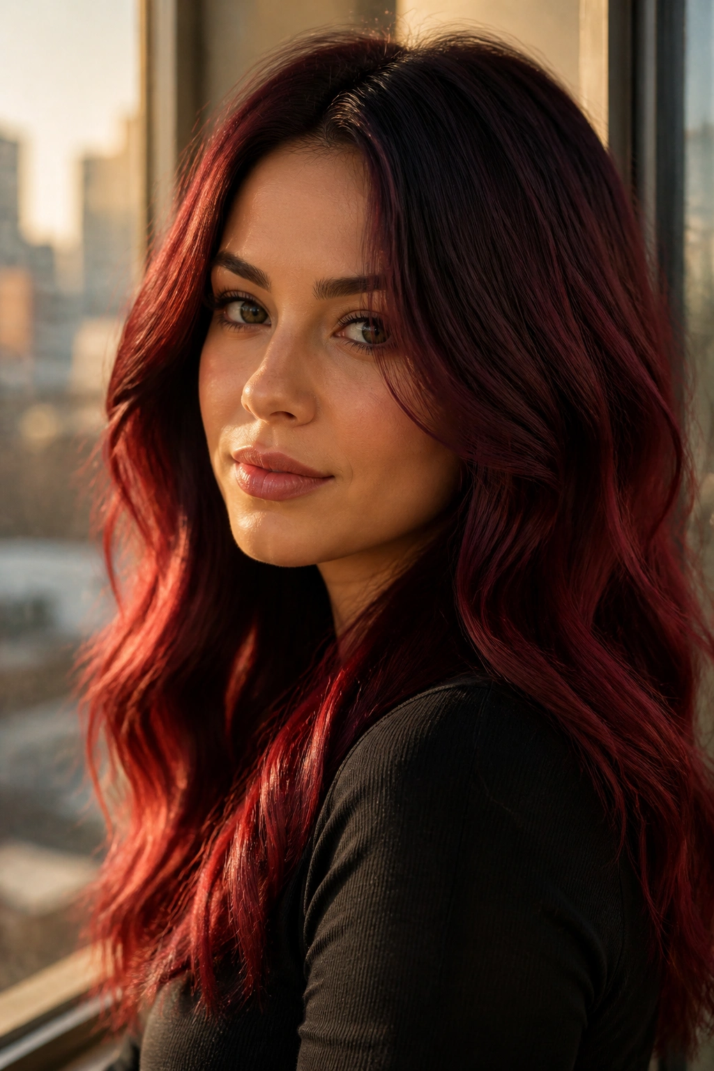 Real woman with cherry auburn waves and dark roots