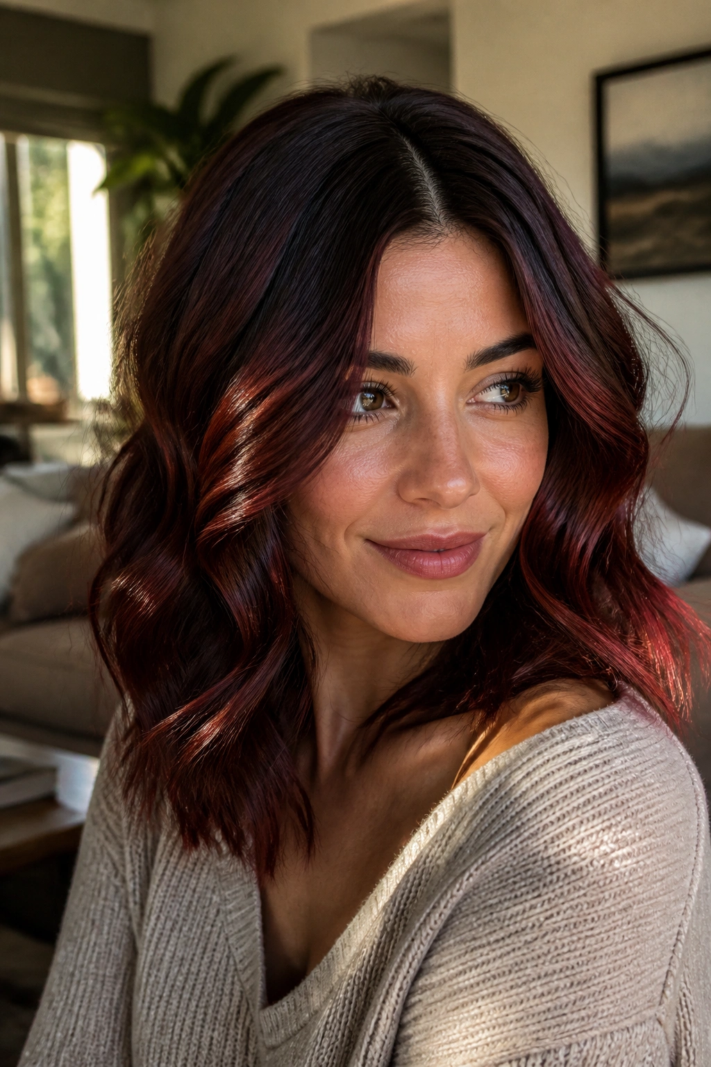 Close-up of dark brown hair with cherry balayage ribbons framing the face.