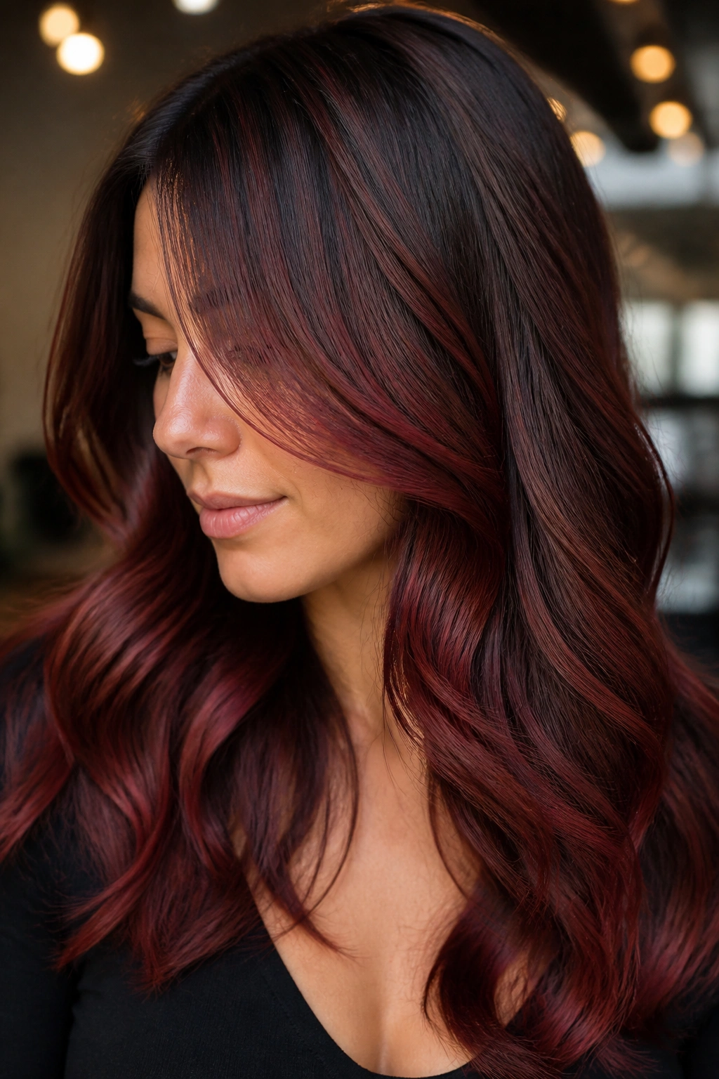 Close-up of chestnut brown hair with cherry balayage on a real woman in a salon