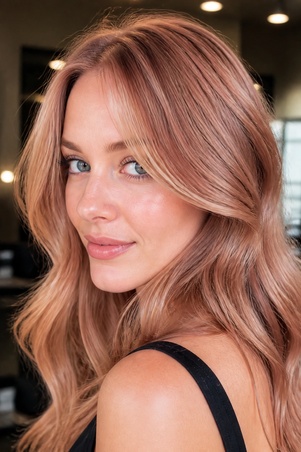 Close-up portrait of a real woman with cherry beige blonde hair in soft lighting