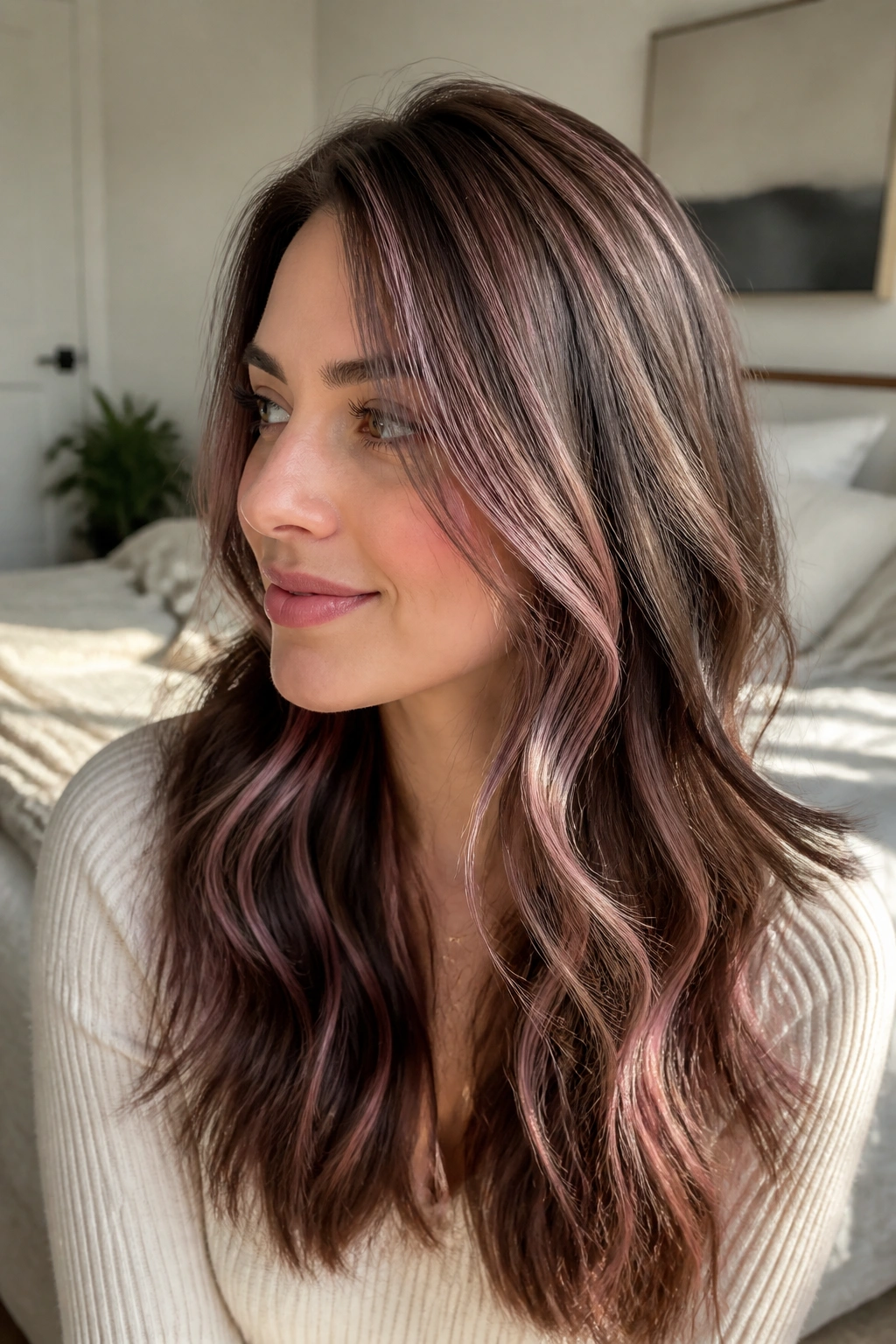 Close-up of a brunette with cherry blossom babylights near crown