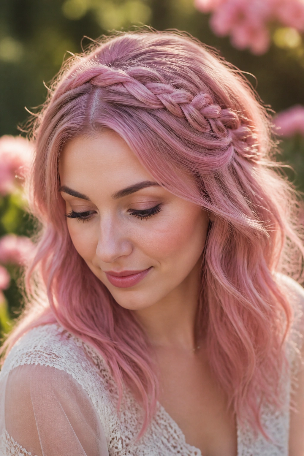 Close-up of real woman with cherry blossom pink braided crown in garden light