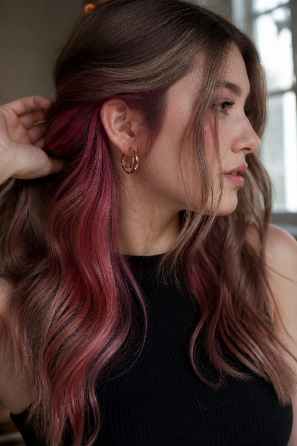 Close-up of cherry blossom peekaboo hair showing hidden pink-red panels