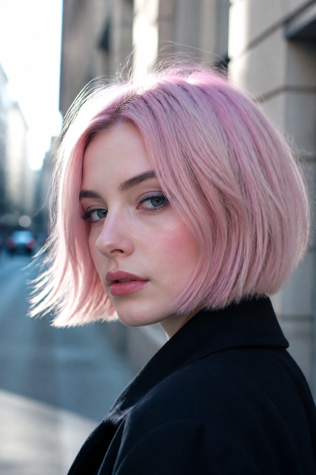 Close-up portrait of a woman with pale cherry blossom pink hair