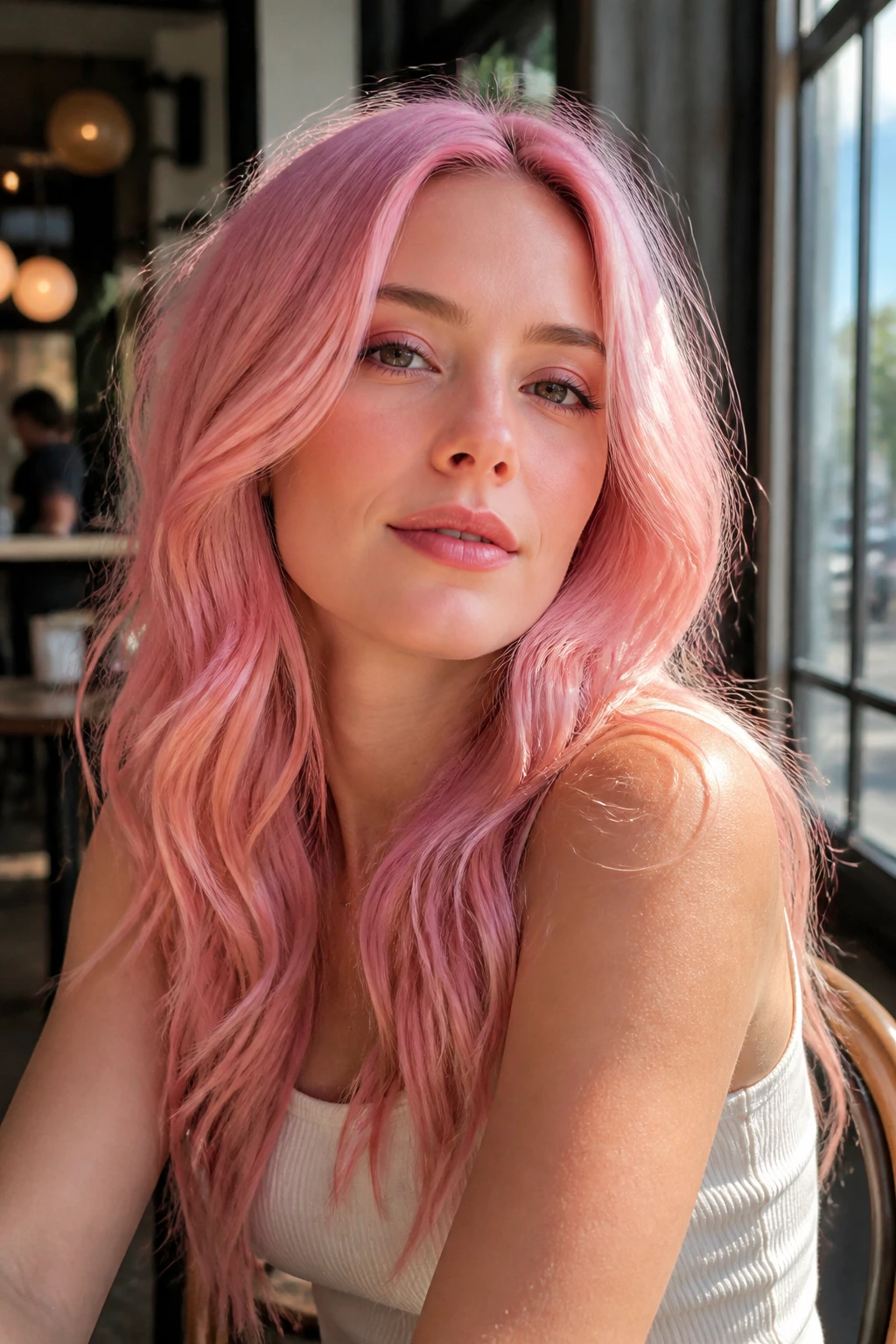 Portrait of a person with cherry blossom pink hair and cool base