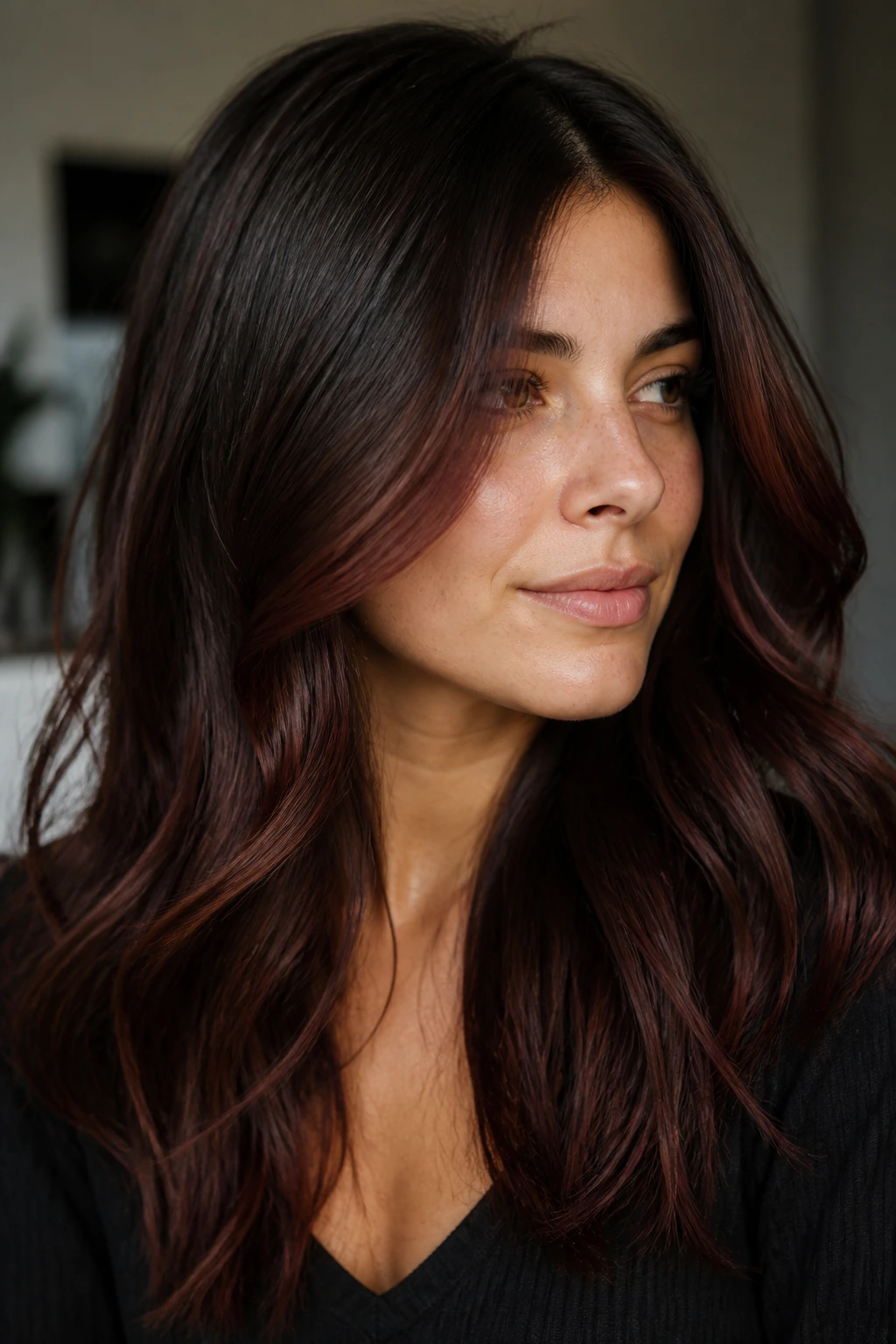 Close-up of a real woman with deep brunette hair and subtle cherry brown accents near the face.