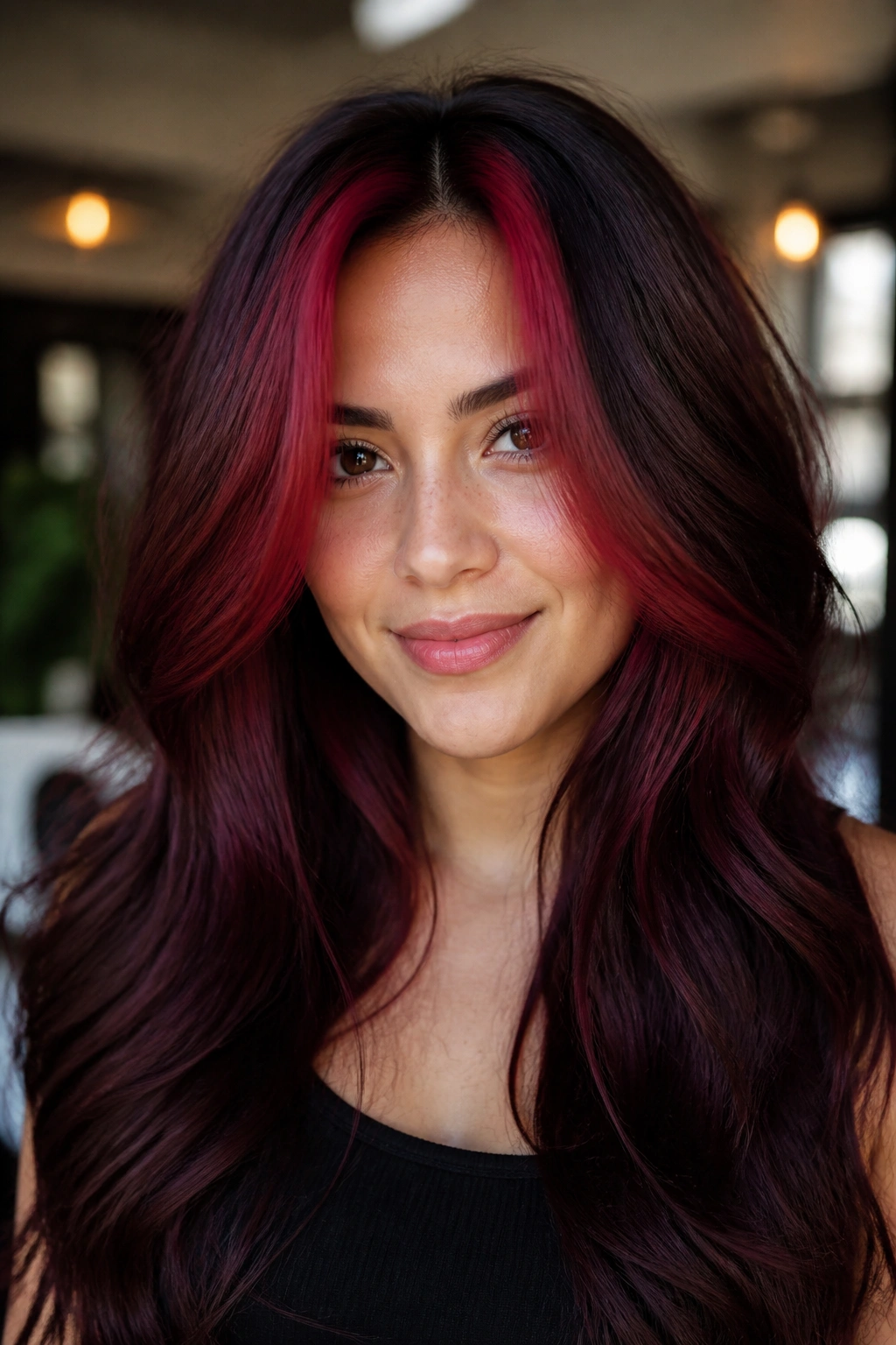 Close-up of a real woman with cherry burgundy face-frame hair