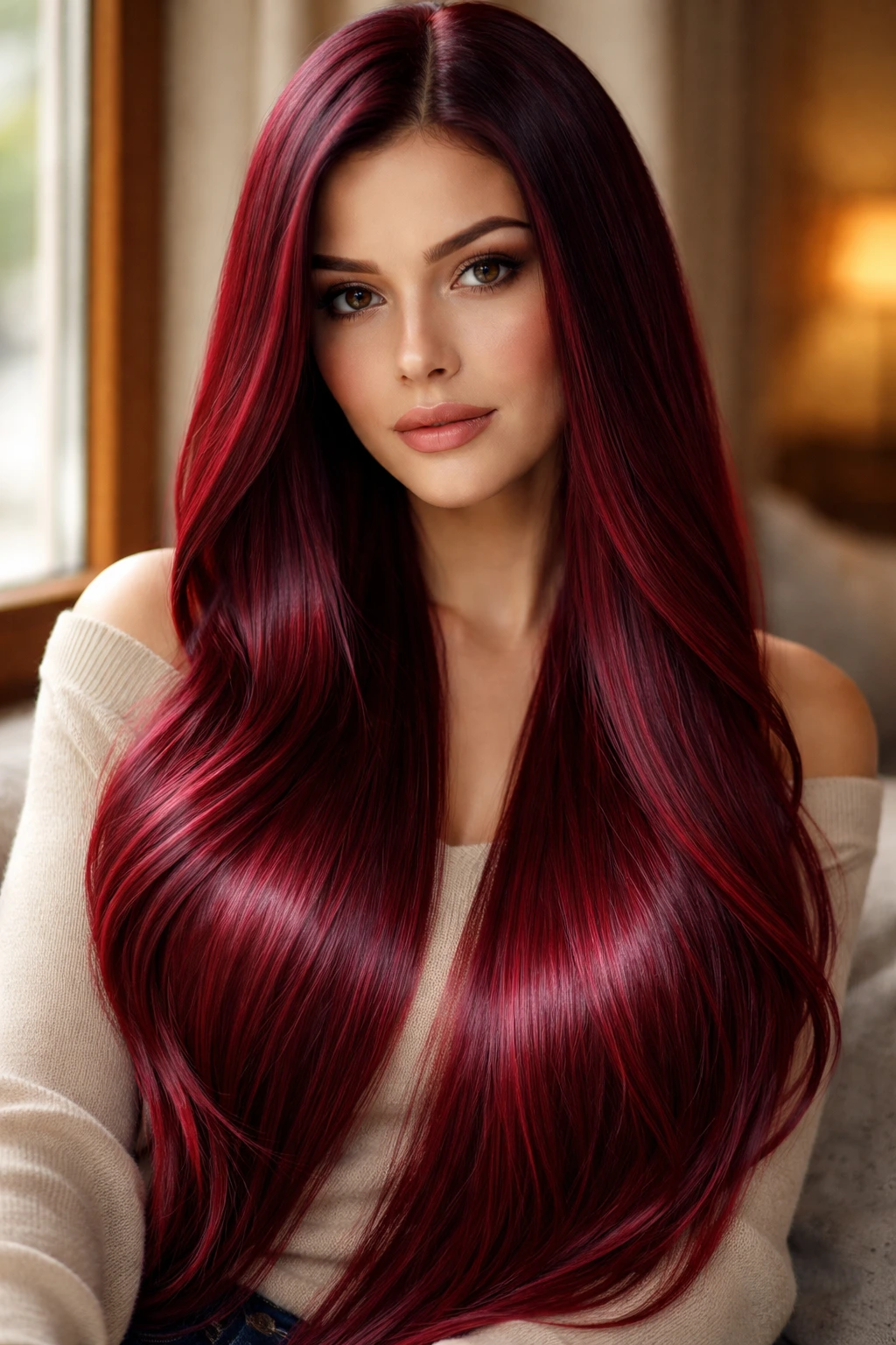 Close-up portrait of a real woman with vibrant cherry burgundy long straight hair and glossy shine by a window