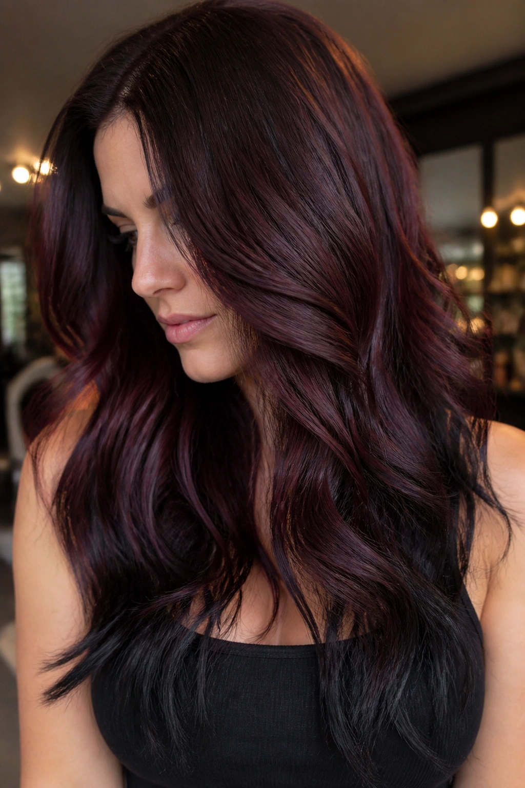 Close-up of a real woman with cherry burgundy melt, deep roots and smoky ends.