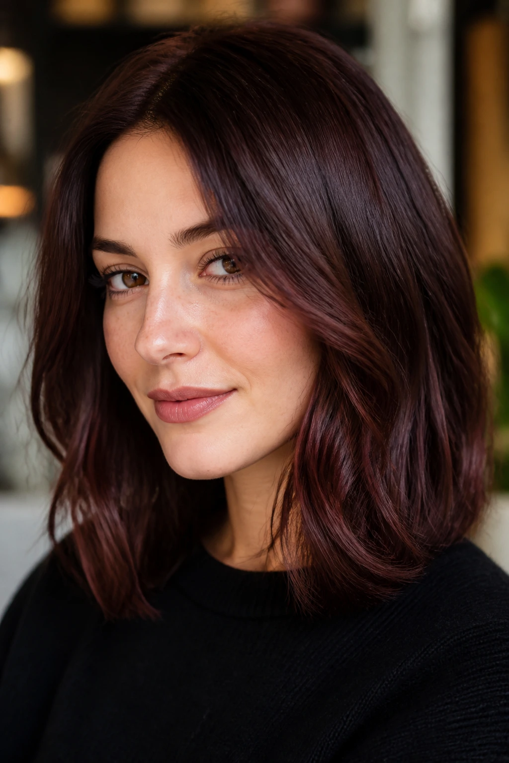 Close-up portrait of a real woman with cherry-chocolate brown hair showing red-violet sheen