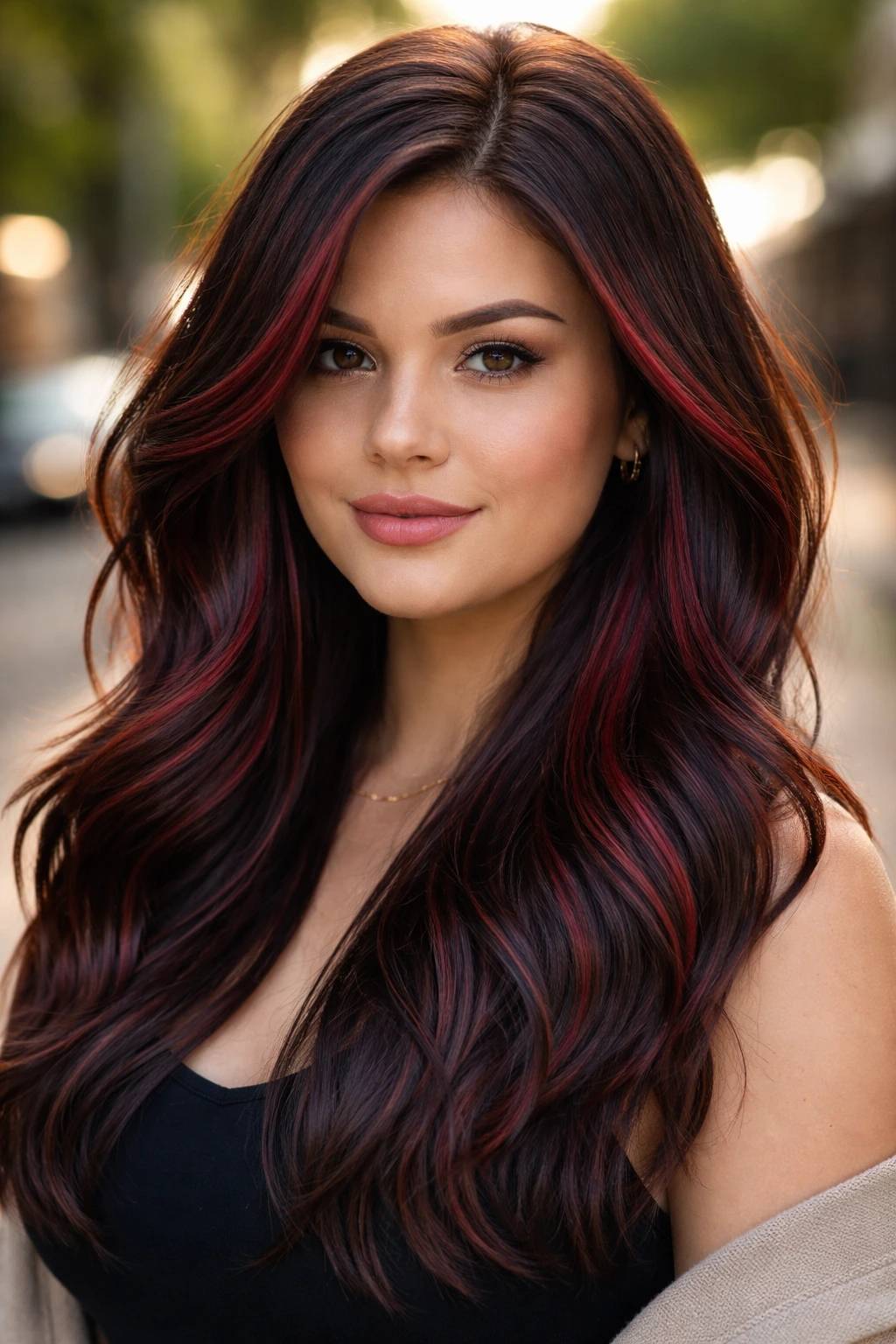 Close-up of a woman with cherry-red ribbons woven through chocolate brown hair.