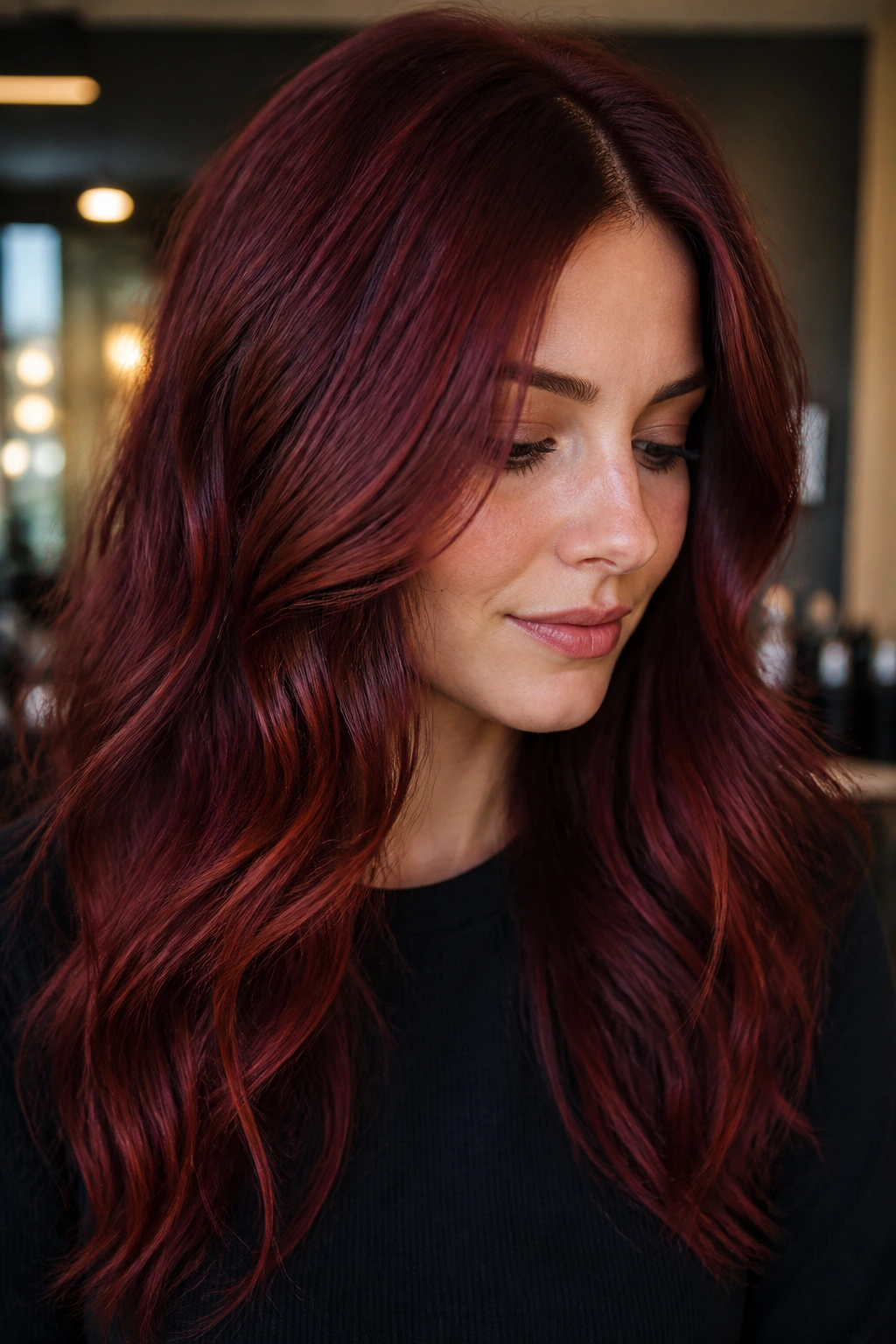 Close-up portrait of a real person with cherry cola auburn copper hair.