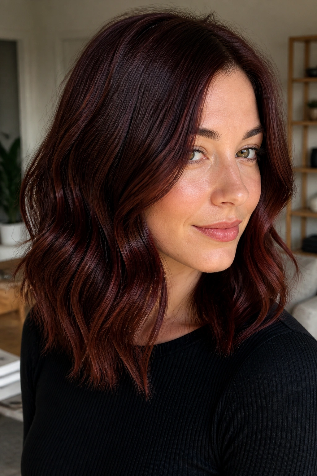 Real woman with cherry cola auburn hair in a soft living room light