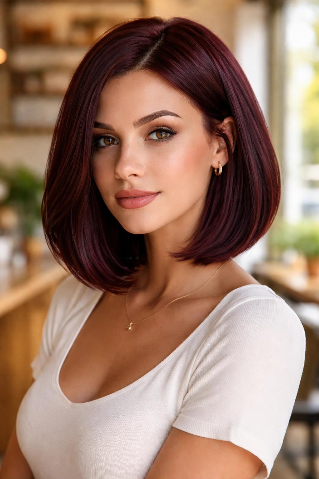 Real woman with a collarbone-length lob in cherry cola auburn color.