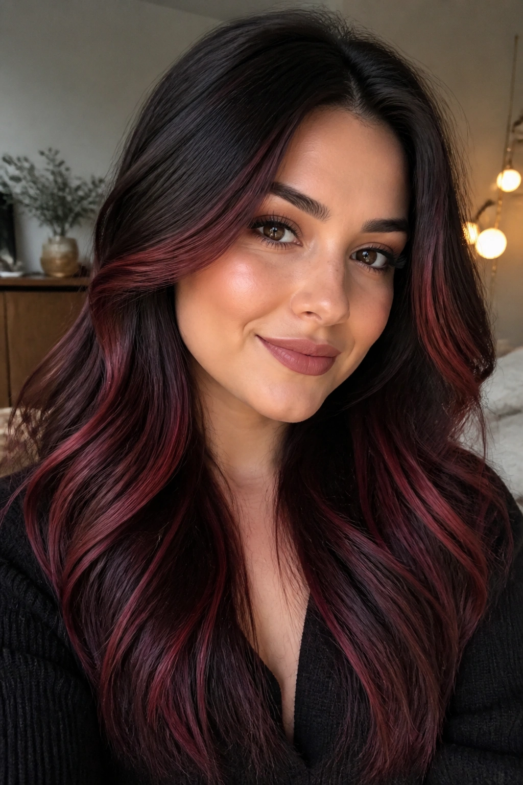 Close-up of a real woman showing cherry cola balayage starting below the temple line.