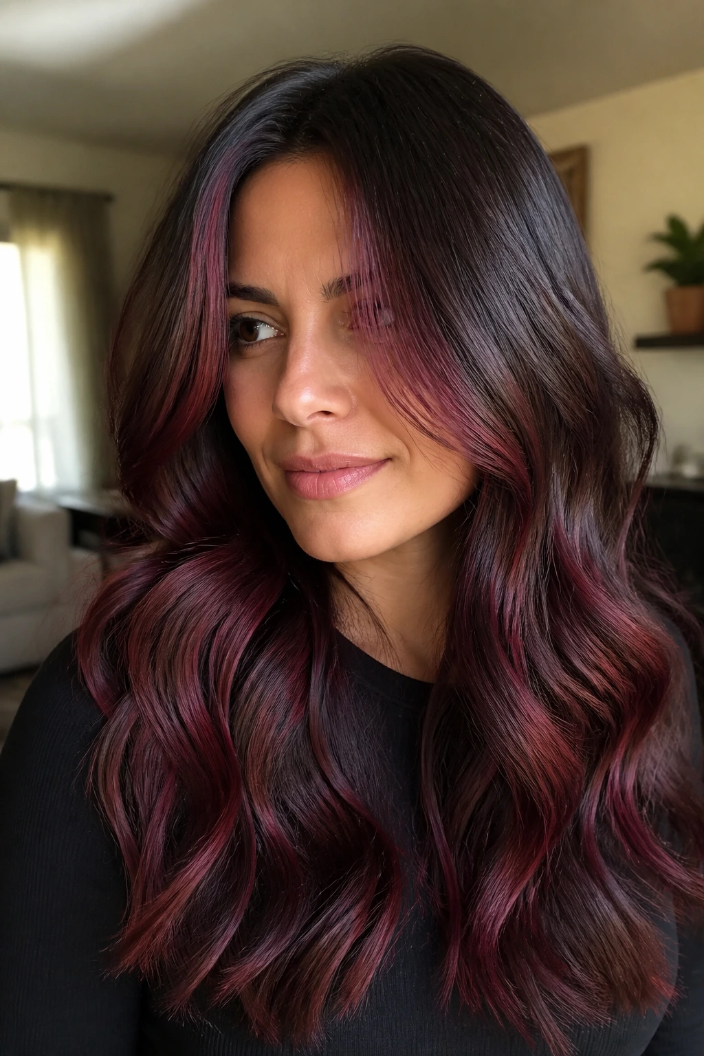 Close-up portrait of a woman with cherry cola balayage on dark brown hair