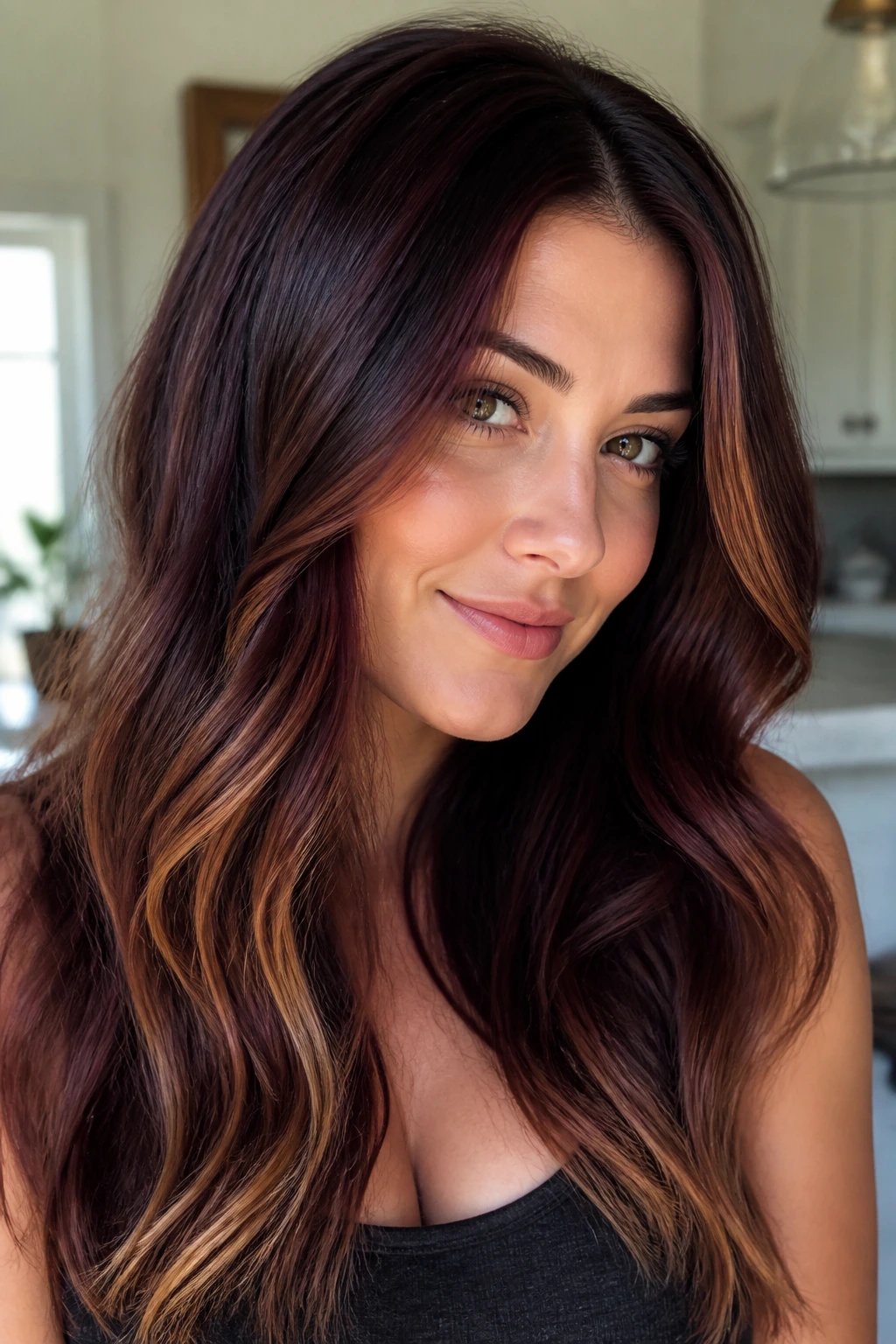 Real woman with cherry cola brunette and caramel veil balayage