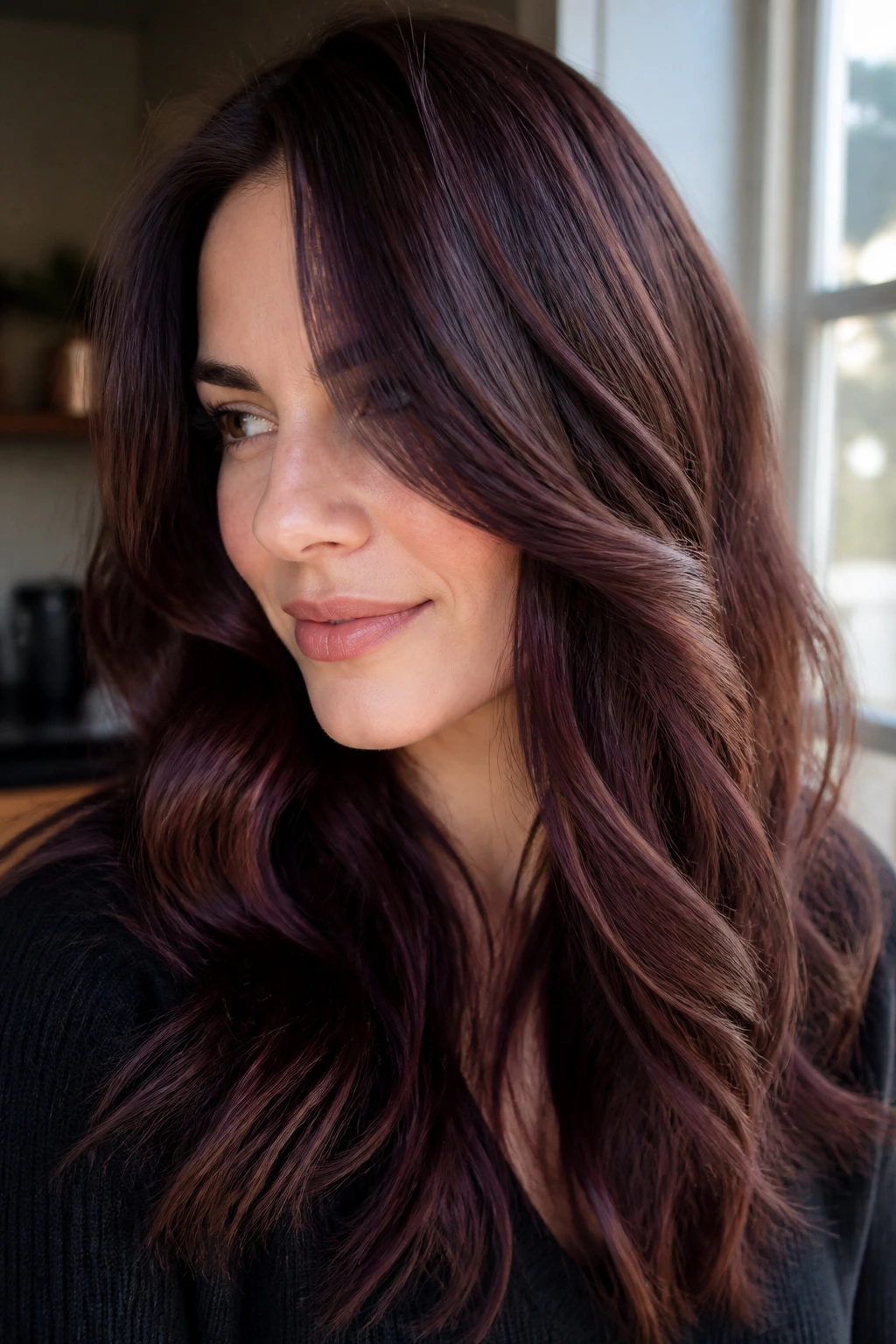 Close-up of a real woman with cherry cola brown hair under sunlight