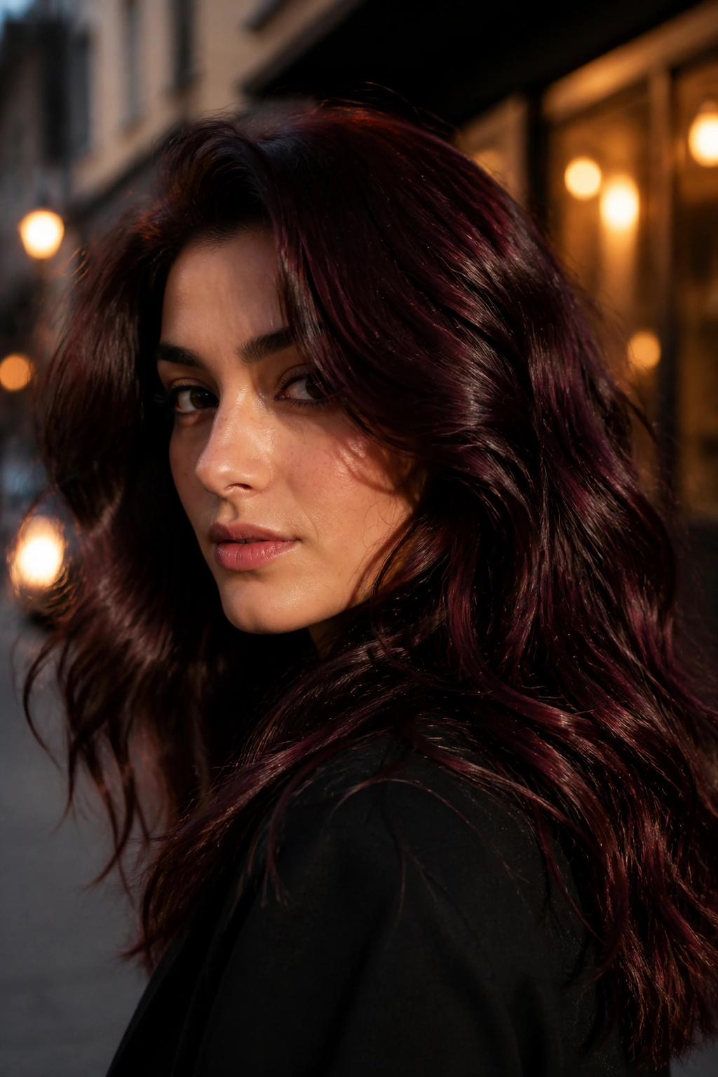 Close-up portrait of a real woman with dark wavy hair in cherry cola brown with red sheen