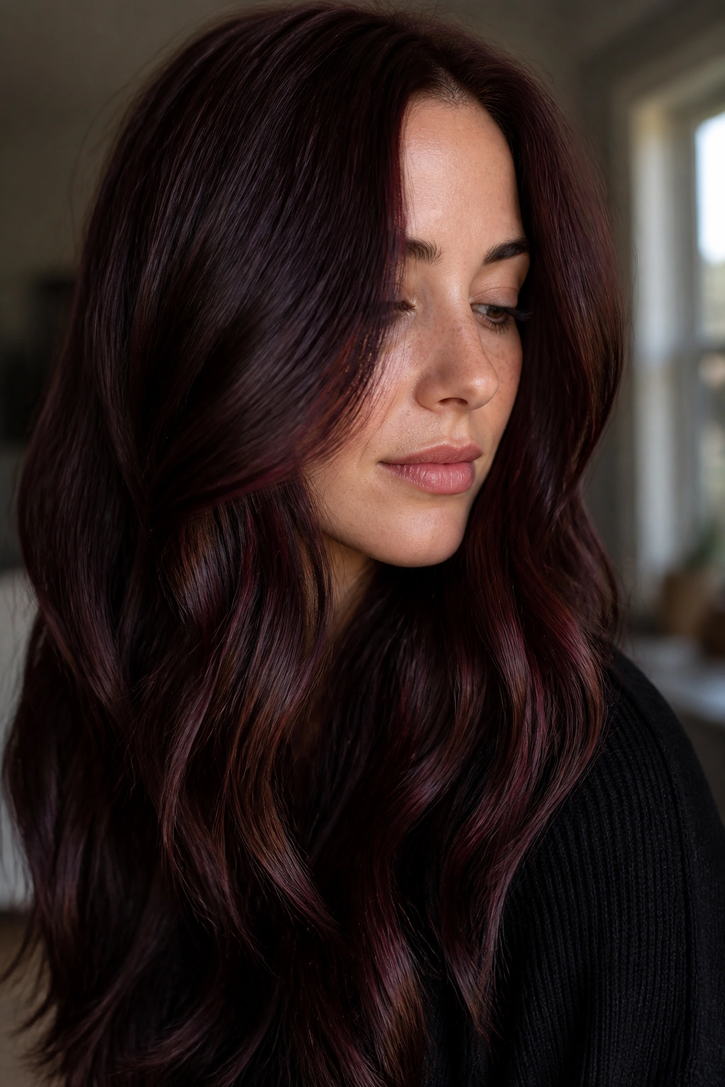 Close-up portrait of a real woman with Cherry Cola Brown hair and berry reflections