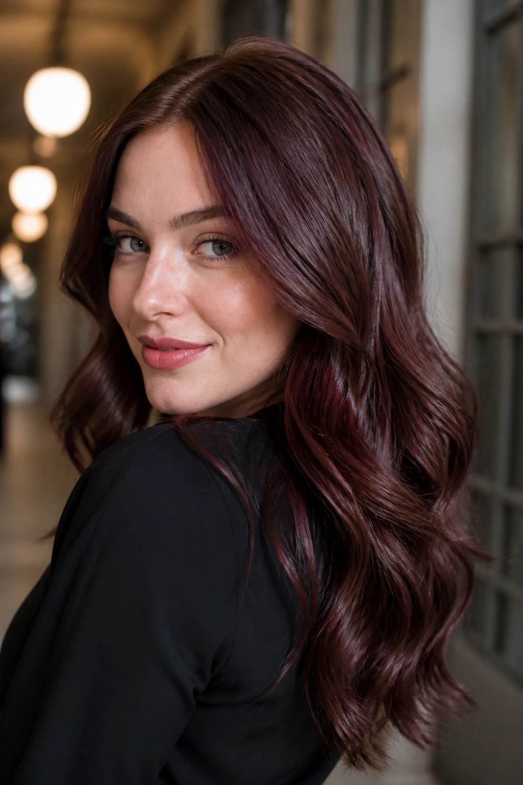 Portrait of a real woman with cherry cola brown hair under soft hallway light.
