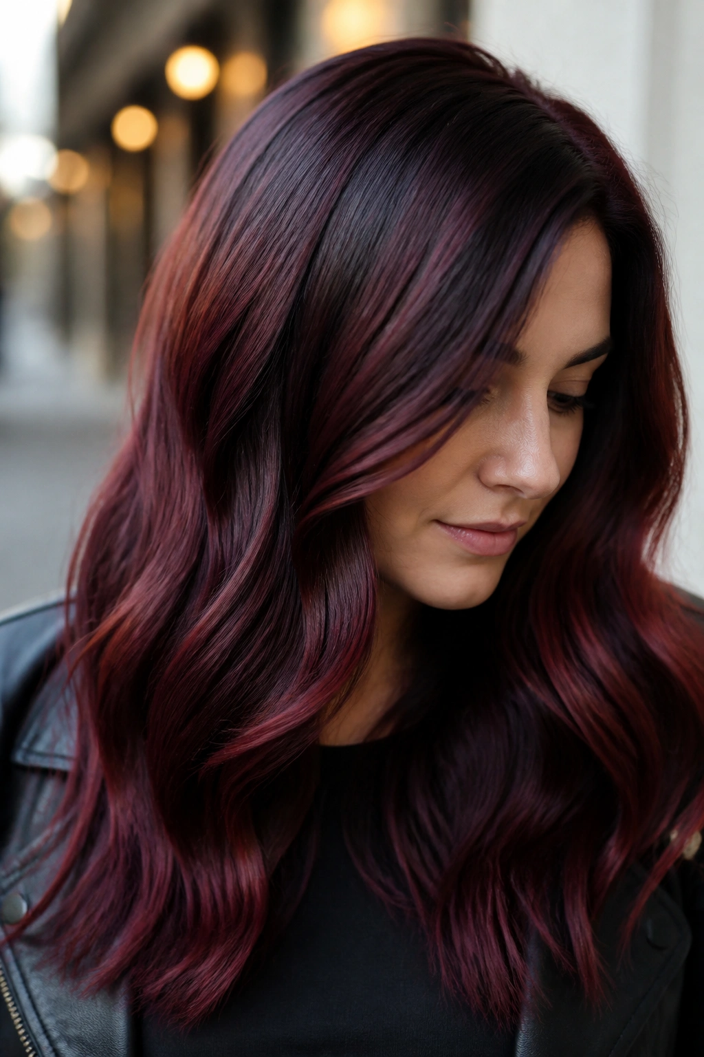 Close-up of a woman with cherry cola brown-red melt on long hair in outdoor shade