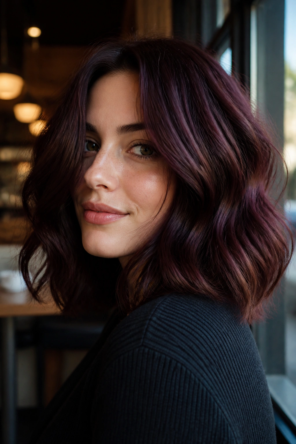 Close-up of a real woman with cherry cola brunette hair in cafe lighting