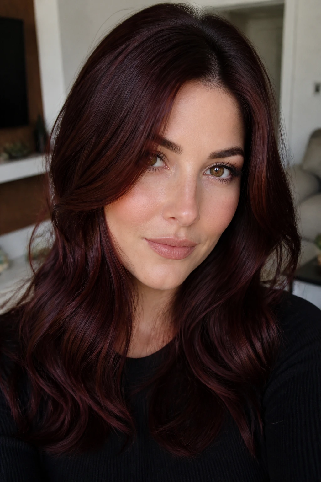 Close-up of cherry cola brunette hair on a real person