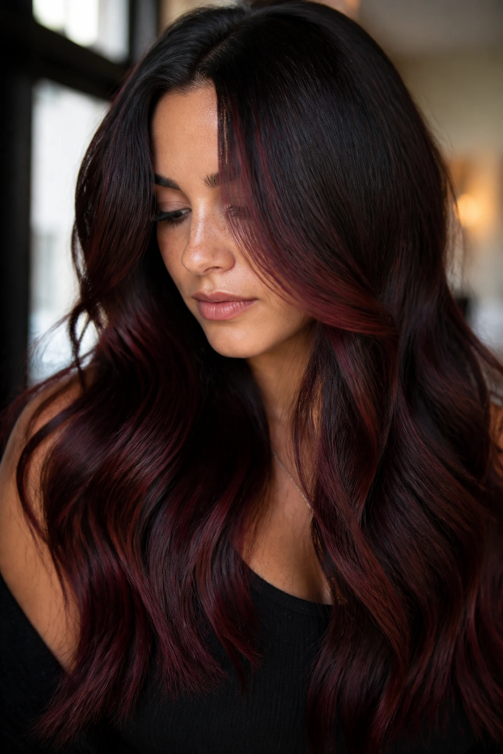 Close-up of a real woman's brunette hair with cherry tones through mid-lengths and ends in warm light