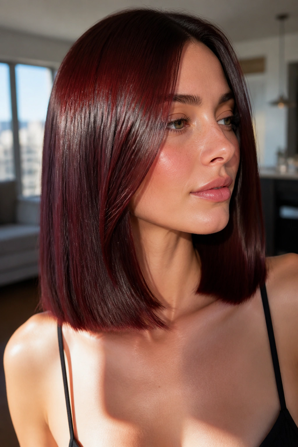 Close-up of cherry cola brunette with high-gloss finish on straight hair