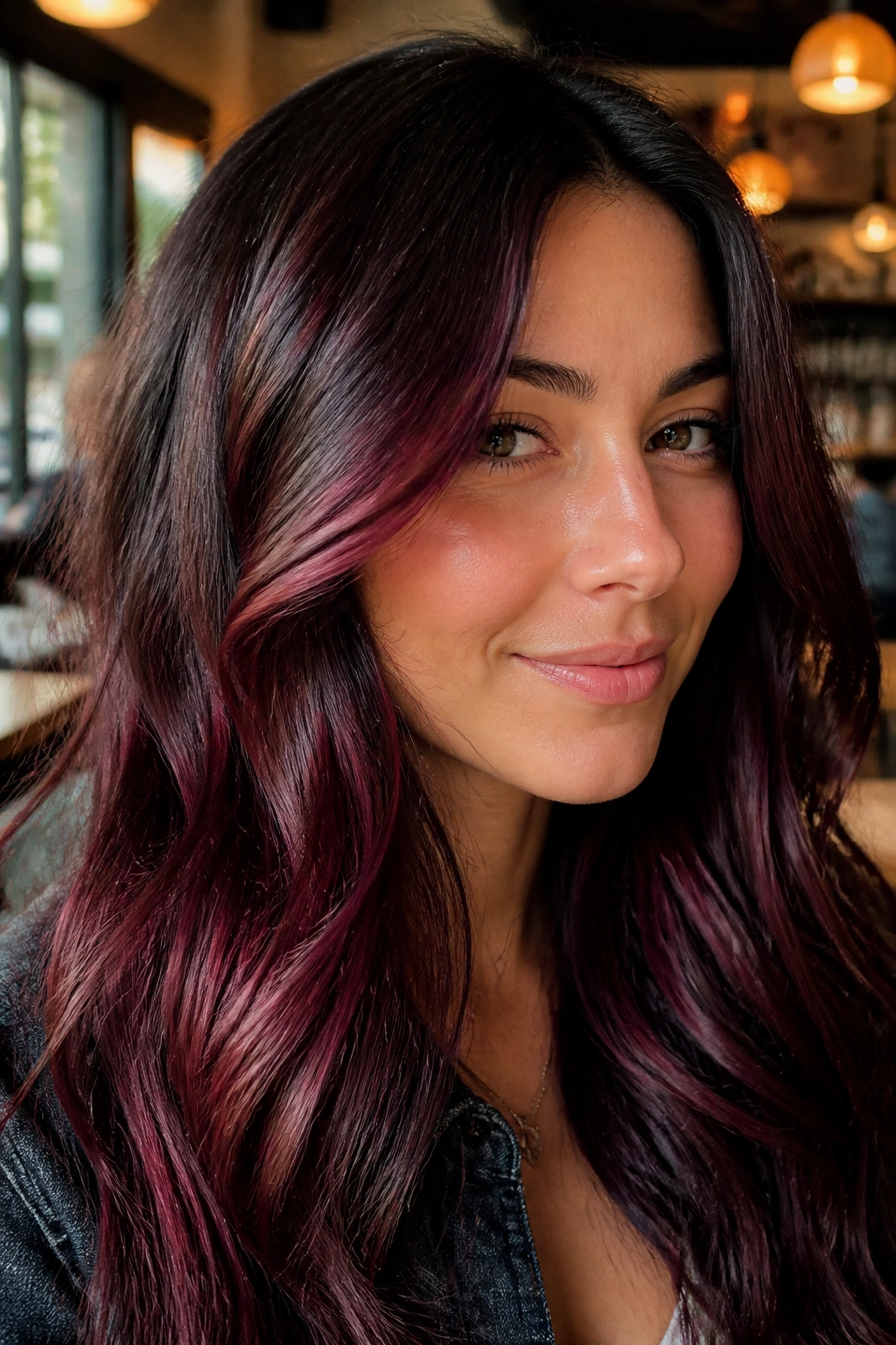 Close-up portrait of a real person with cherry cola brunette hair, subtle red-purple glow.