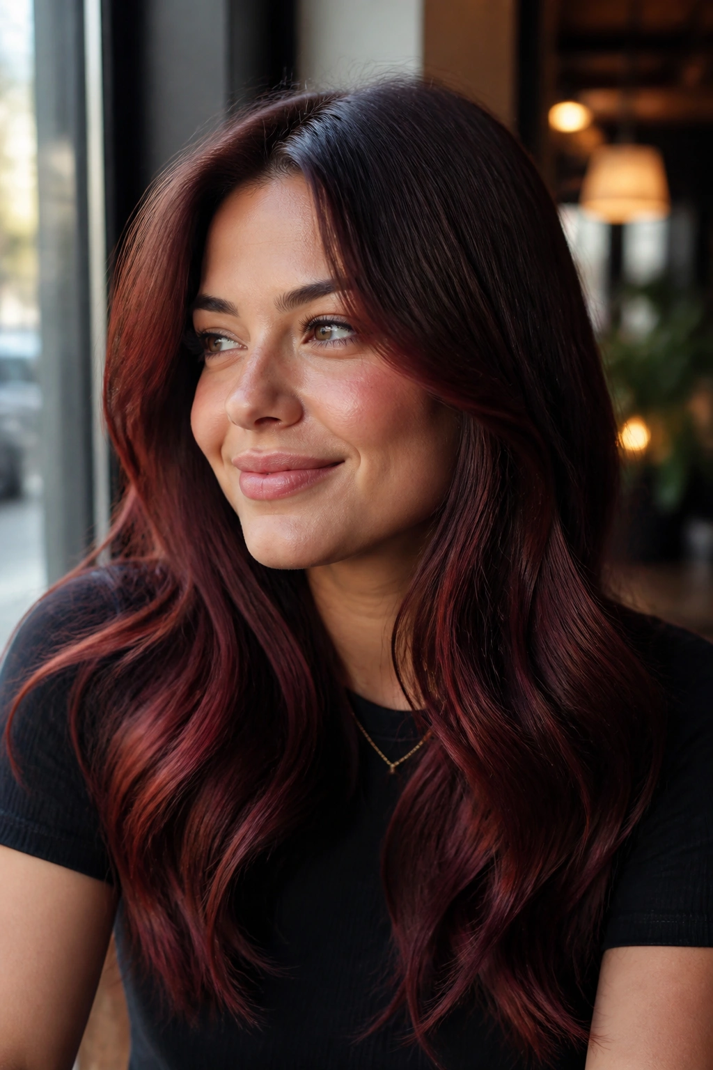 Close-up of a real woman with Cherry Cola Brunette hair near a cafe window