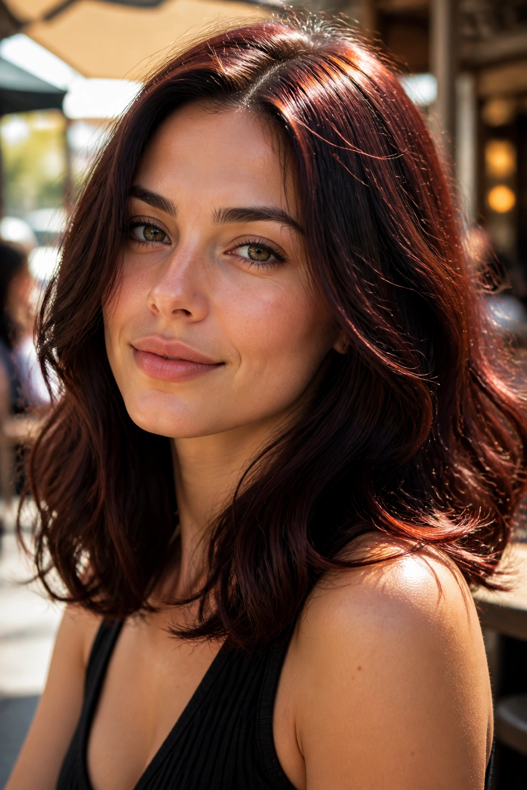 Close-up of a woman with cherry cola brunette hair in a sunlit outdoor cafe setting.
