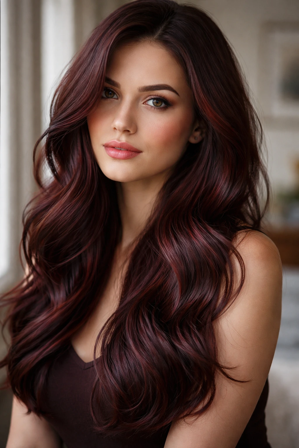 Close-up portrait of a real woman with cherry cola brunette hair showing a deep brown base and cherry sheen in natural window light