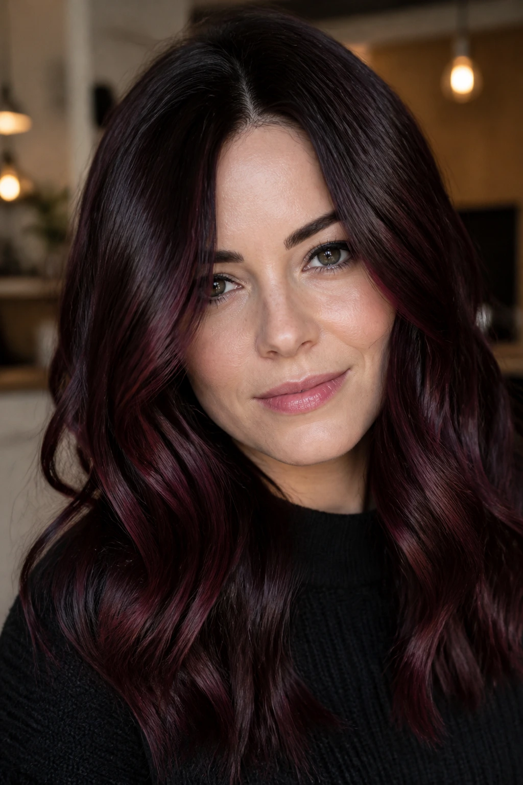 Close-up of a real woman with cherry cola burgundy on dark hair under warm, cool-balanced lighting.