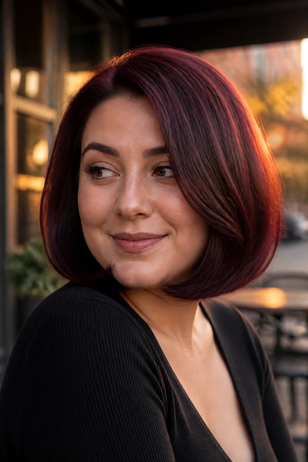 Real woman with cherry cola burgundy bob and side part in golden-hour city setting.