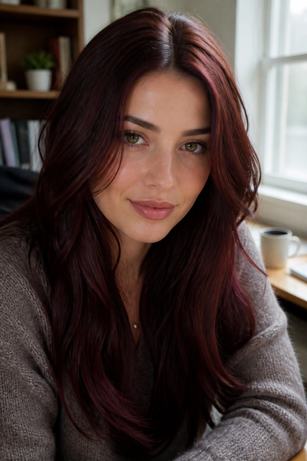Portrait of a woman with cherry cola burgundy brown hair in indoor daylight